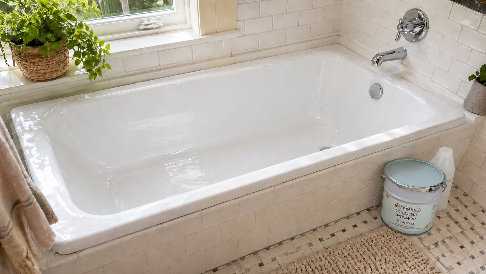 Чугунная ванна после реставрации жидким акрилом