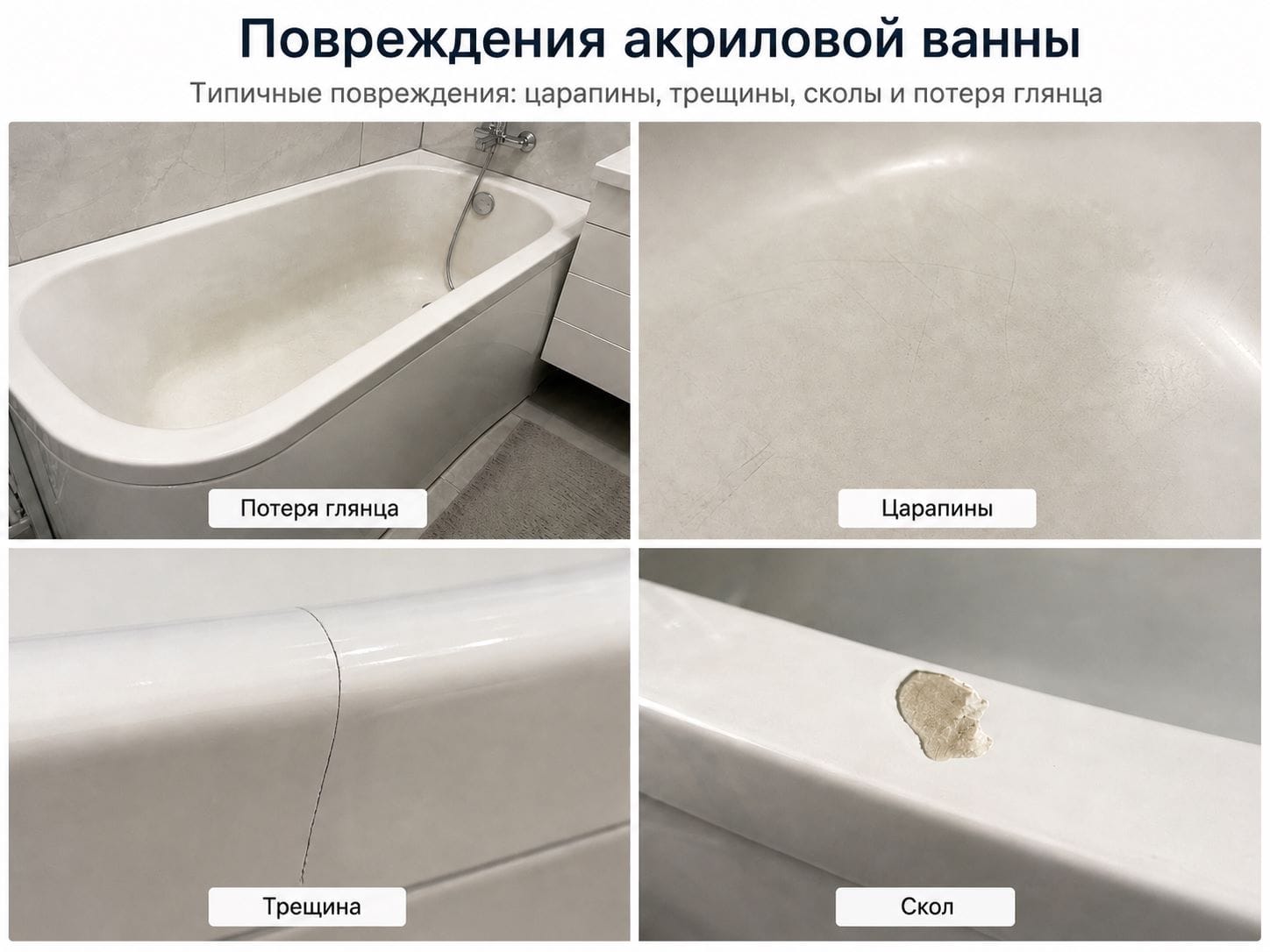 Повреждения акриловой ванны