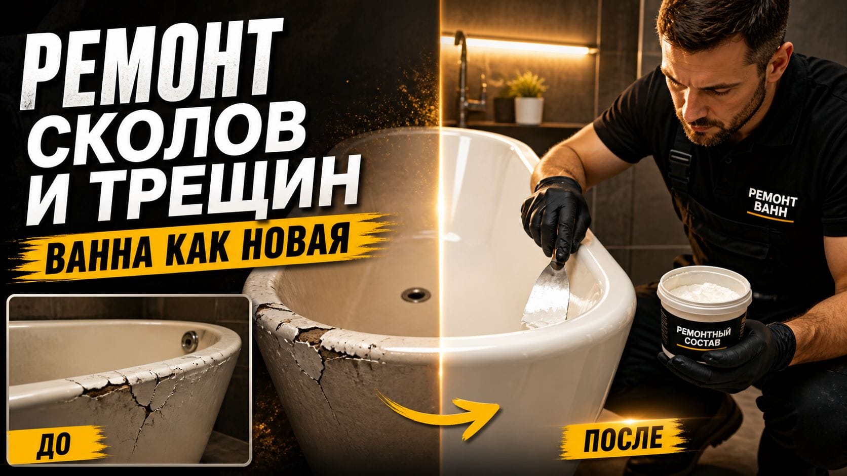 Видео ремонта сколов и трещин на ванне